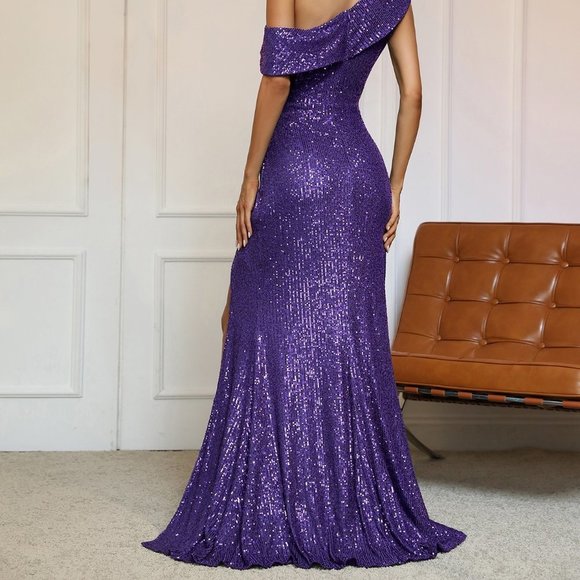 Purple Preppy Womens Asymmetrical Neck Ruched Wrap Hem Sequin Prom Dress - Picture 2 of 5